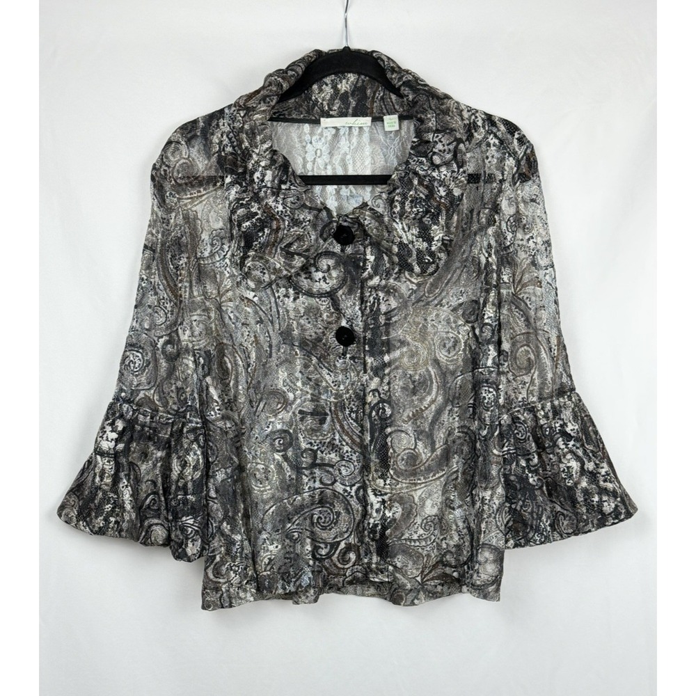 Vintage Whimsigoth Paisley Sheer Lace Bell Sleeve Top Blouse L Oversized Boho